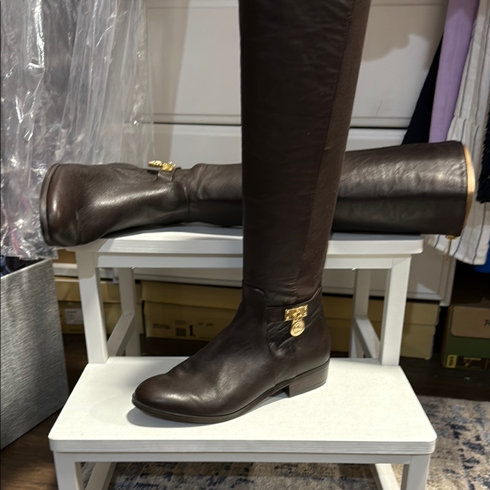Michael Kors Brown Leather Knee-High Boots with Gold Accents
